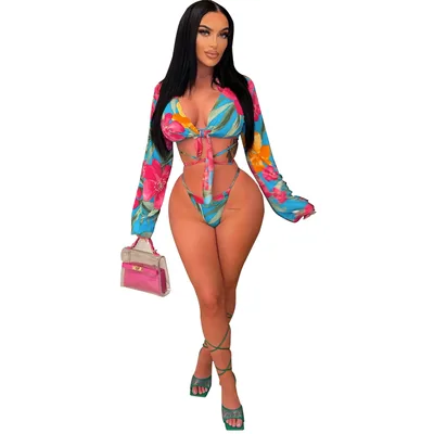 Women's Fashion Print Lace Up Bikini Three Piece Flower Xl - Shop at LoveMi