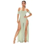 Women's Fashion Mesh Print Sheer Pant Set - Green