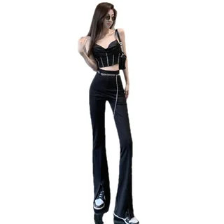 Black Micro Slit Mopping Pants - Black