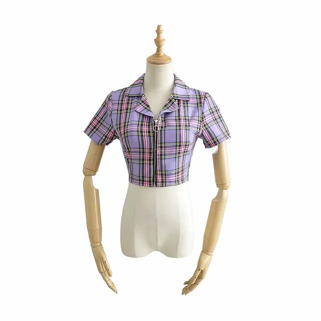 Summer American Style Retro Plaid Lapel T shirt Women's High Waist All matching Zipper Cardigan Chic Short Sleeve Shirt Fashion Purple - Shop at LoveMi