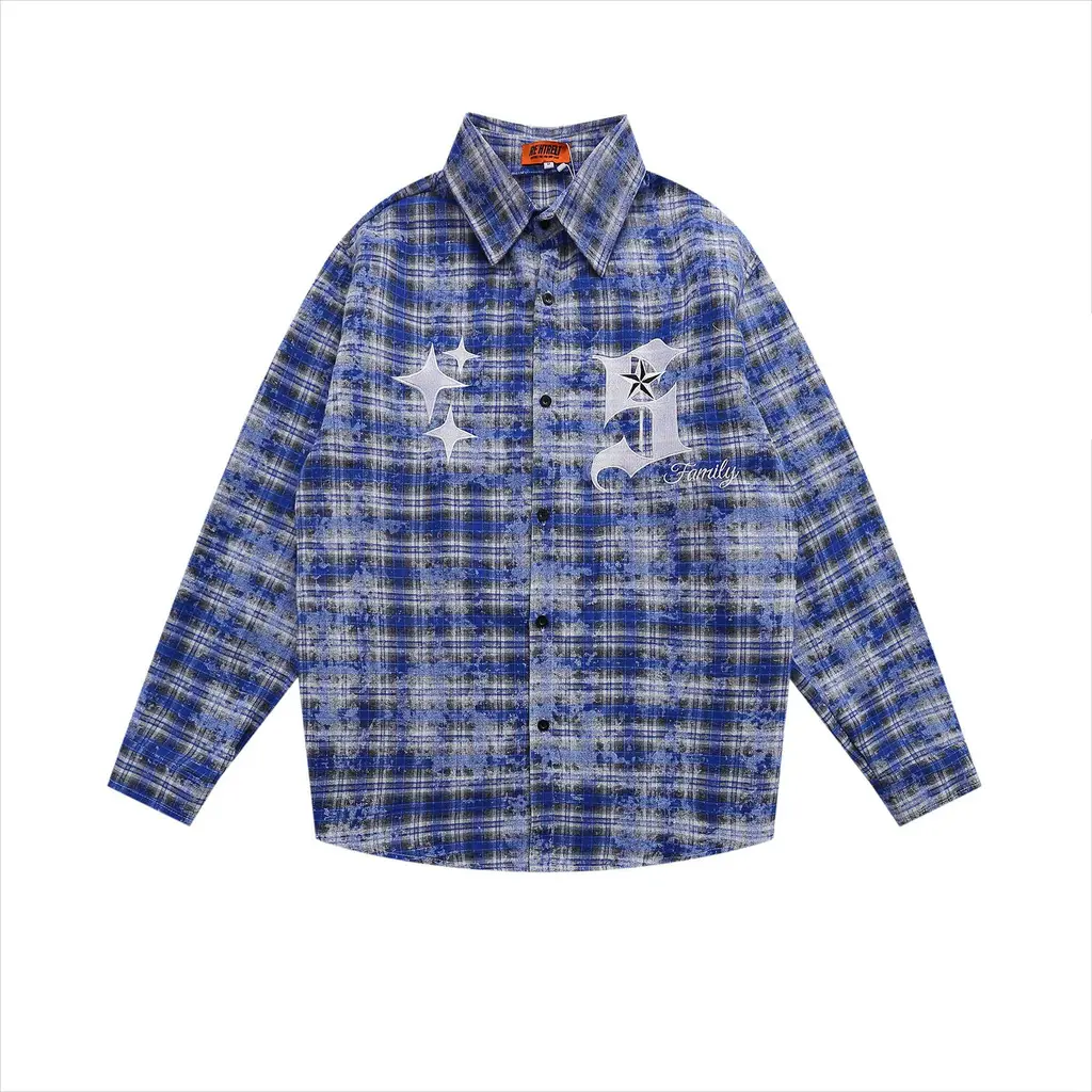 American Street Fashion Brand Plaid Design Theme Spring Long Sleeved Shirt - Blue