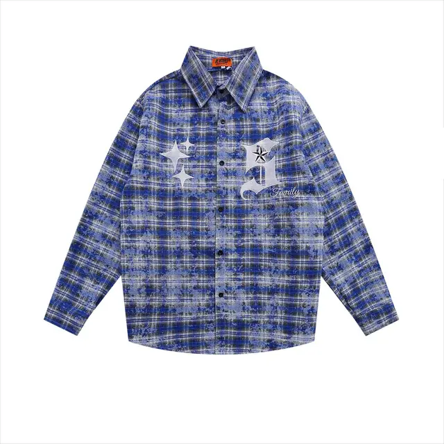 American Street Fashion Brand Plaid Design Theme Spring Long Sleeved Shirt Blue - Shop at LoveMi