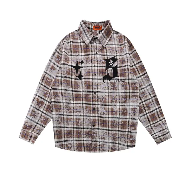 American Street Fashion Brand Plaid Design Theme Spring Long Sleeved Shirt Coffee - Shop at LoveMi