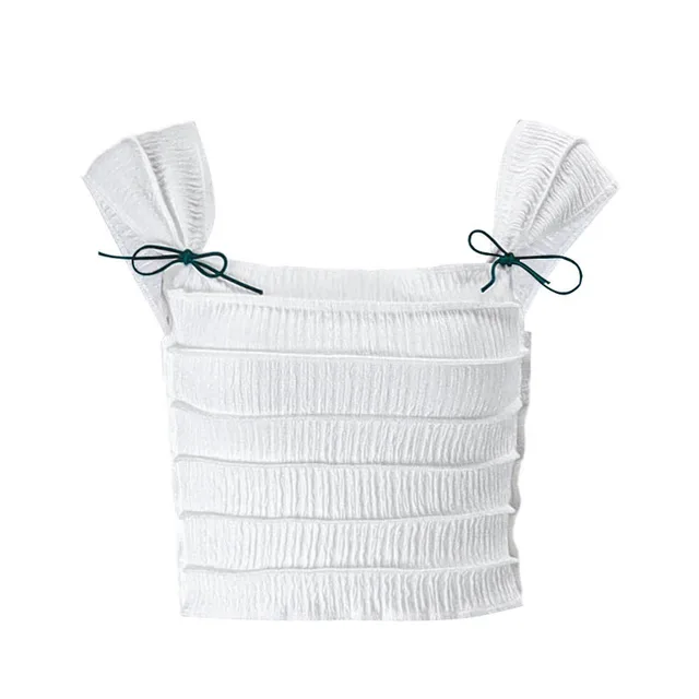 Fashionable Sexy Navel Square Neck Striped Pleated Slim Vest White - Shop at LoveMi