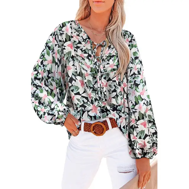 Women's Floral Ruffle Blouse Tie V Neck Top Black - Shop at LoveMi