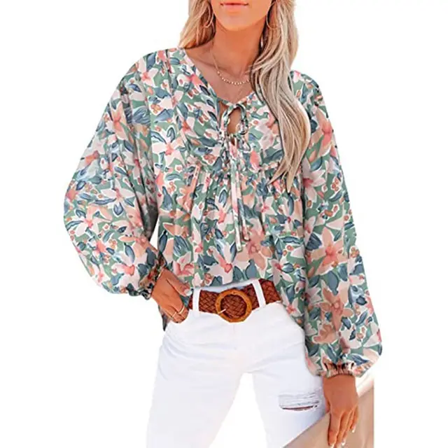 Women's Floral Ruffle Blouse Tie V Neck Top Green - Shop at LoveMi
