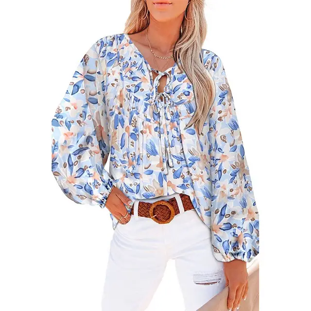 Women's Floral Ruffle Blouse Tie V Neck Top Light Blue - Shop at LoveMi