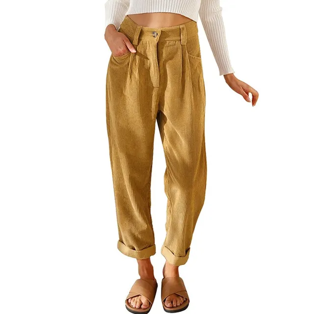 Women's High Waist Casual Solid Color Corduroy Loose Straight Leg Trousers Khaki - Shop at LoveMi