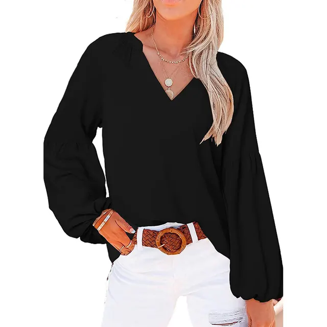 Women's Balloon Sleeve Loose Long Sleeve V Neck T Shirt Top Black - Shop at LoveMi