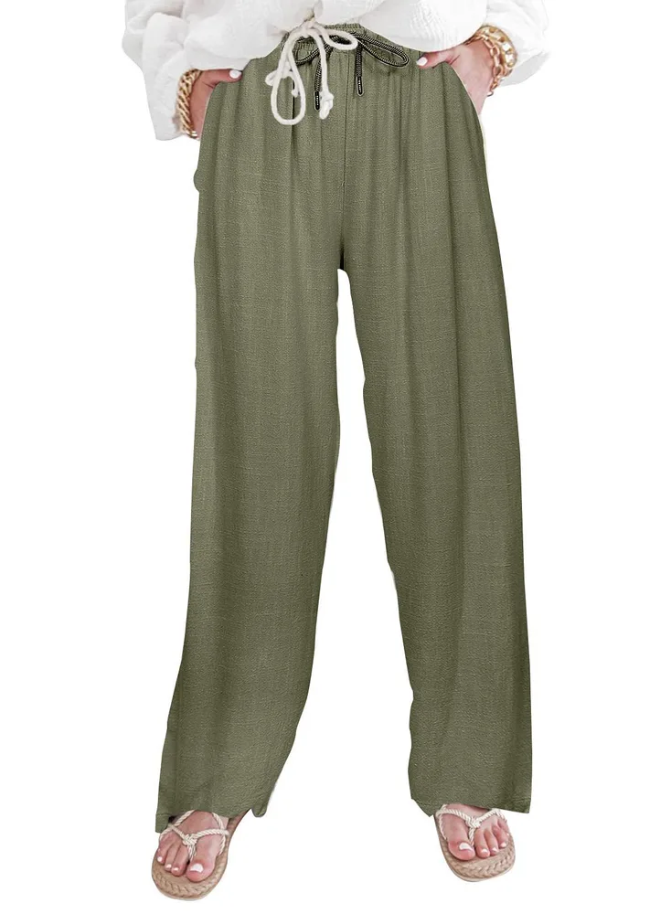 Women's Cotton Linen Loose Straight Fit Plus Size Casual Pants Green - Shop at LoveMi