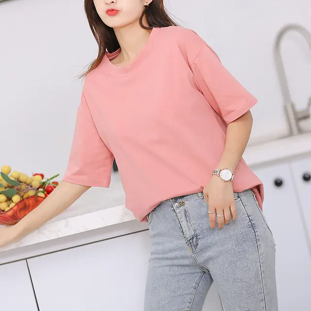 Summer Women's Pure Cotton With Chest Pad Round Neck Short Sleeve Deep Pink - Shop at LoveMi