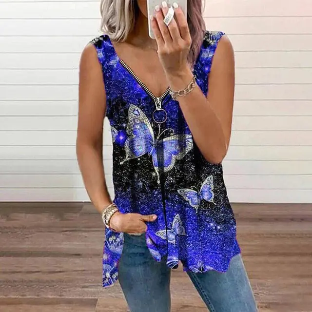 V neck Zipper Fashion Butterfly Print Loose Vest For Women Blue - Shop at LoveMi