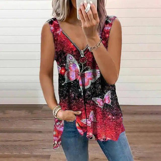 V neck Zipper Fashion Butterfly Print Loose Vest For Women Red - Shop at LoveMi
