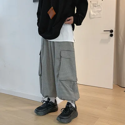 Wide Leg Big Pocket New Plaid Casual Pants Fashion Black Plaid - Shop at LoveMi