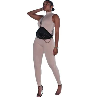 Women's Fashion Sports Casual Skinny Sleeveless Jumpsuit - Apricot