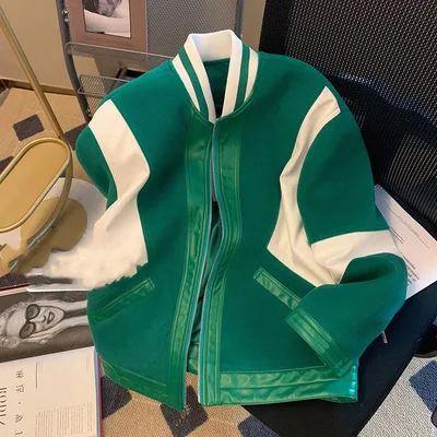 Green Woolen Pu Leather American Retro Casual Jacket Top Green - Shop at LoveMi