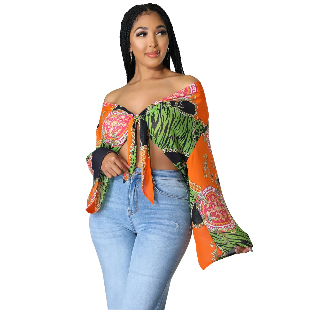Women's Fashion Print Long Sleeve Flared Sleeve Crop Top - Green