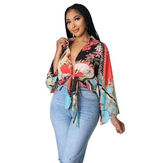 Women's Fashion Print Long Sleeve Flared Sleeve Crop Top Watermelon Red - Shop at LoveMi