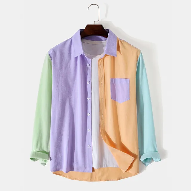 Men's Shirt Fashion Lapel Long Sleeve Colorblock Light Purple - Shop at LoveMi