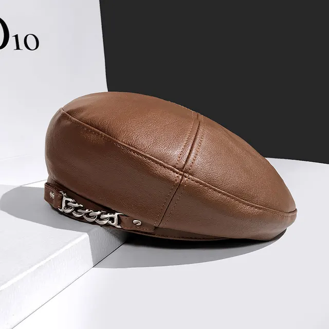Women's British Vintage Chain Leather Beret Hat Chocolate - Shop at LoveMi