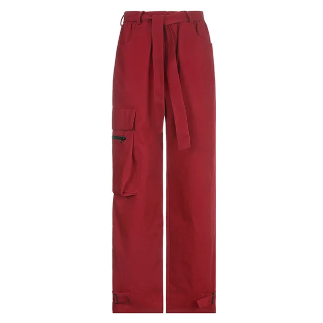 Hip Hop Wide Belted Red Cargo Pants Red - Shop at LoveMi