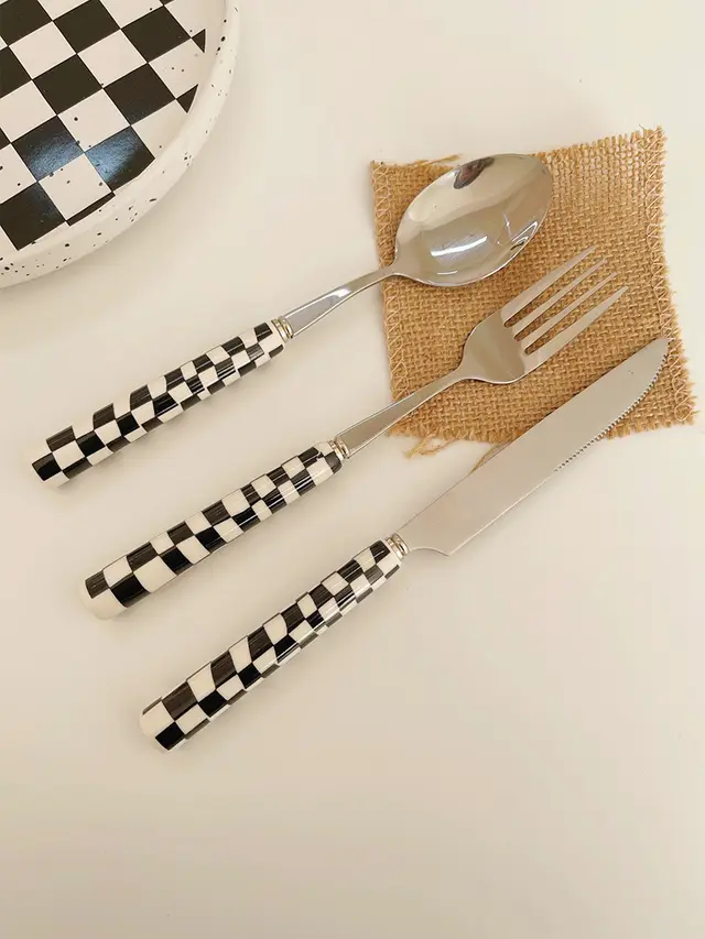 Household 304 Stainless Steel Checkerboard Knife, Fork And Spoon Black - Shop at LoveMi