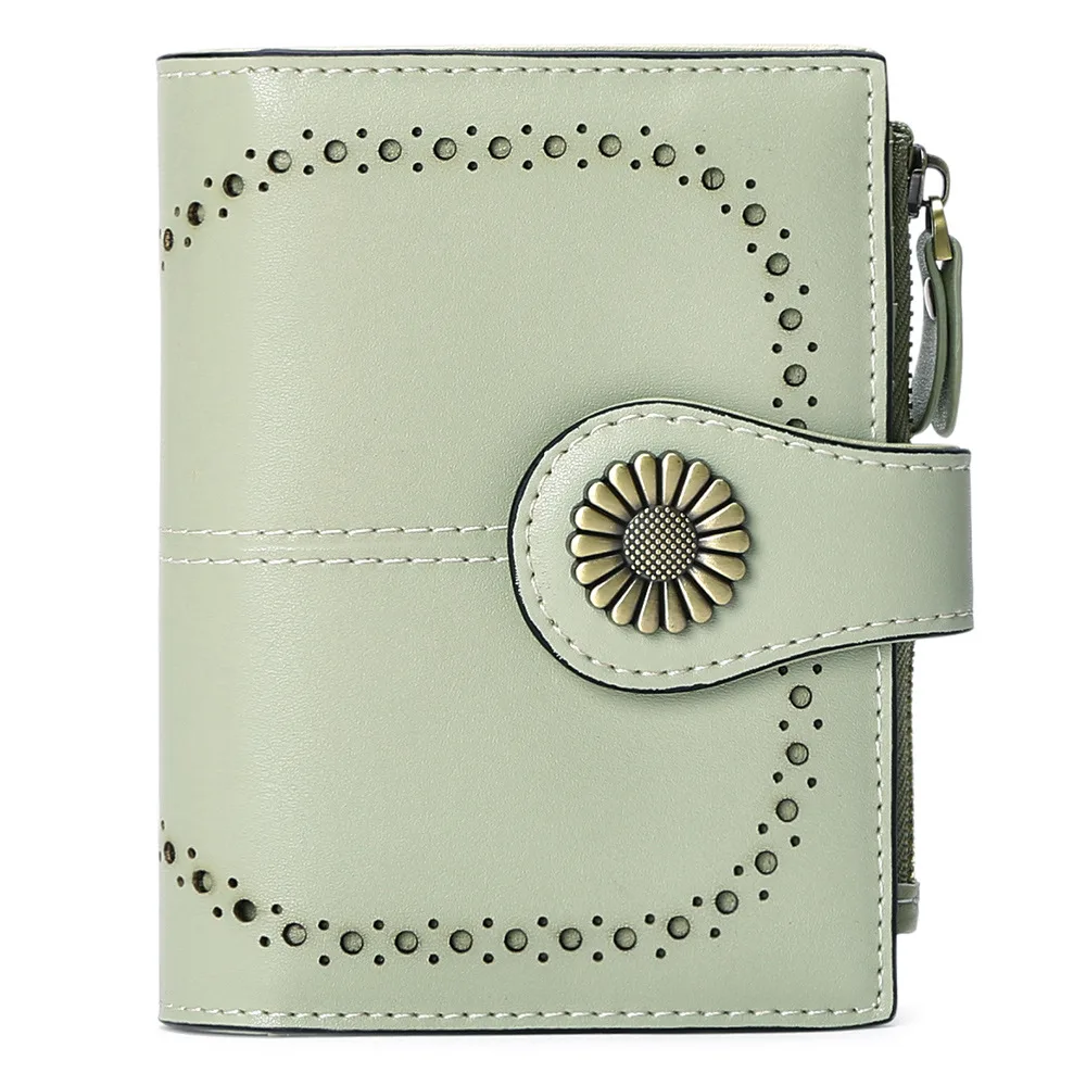 Wallet Women's Short Oil Wax Leather Zipper Card Holder - Green