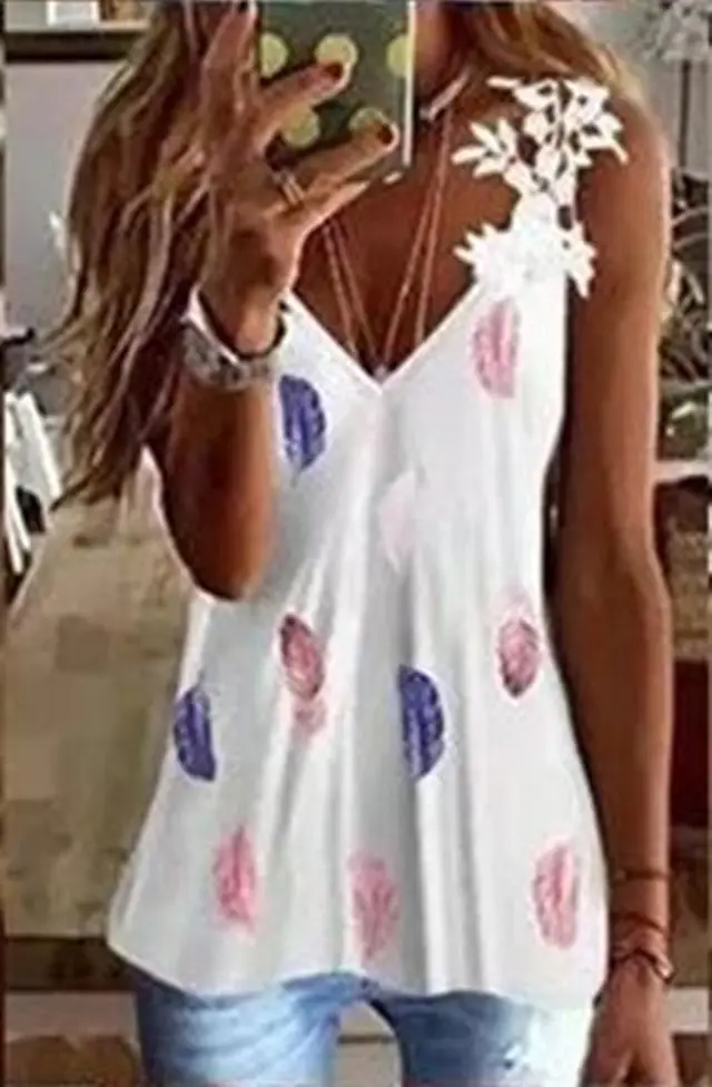 Women's Summer New Lace Sleeveless V neck Printed Camisole Small Feather - Shop at LoveMi