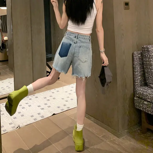 Washed Raw Edge High Waist Slim Wide Leg Denim Shorts Women Washed Blue - Shop at LoveMi