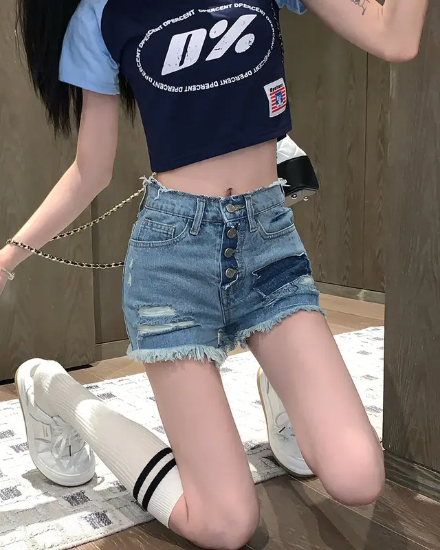 Women's High Waist Single Breasted Straight Ripped Denim Shorts Denim Blue - Shop at LoveMi