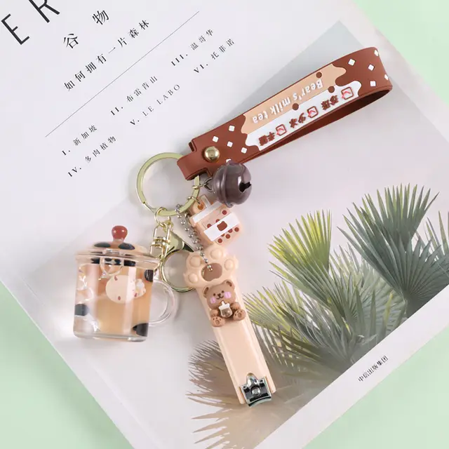 Crystal Milk Tea Cup Leather Rope Key Chain Ring Cartoon Hair Ball Mug Nail Clippers - Shop at LoveMi