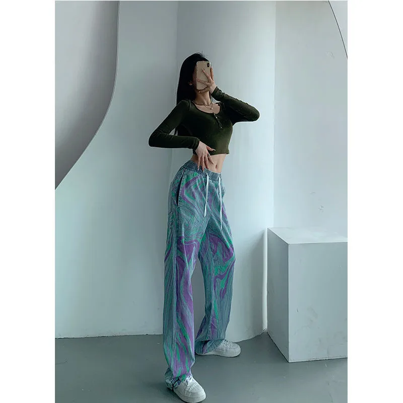 Women's Loose Tie Dye High Waist Straight Jeans Blue Purple - Shop at LoveMi
