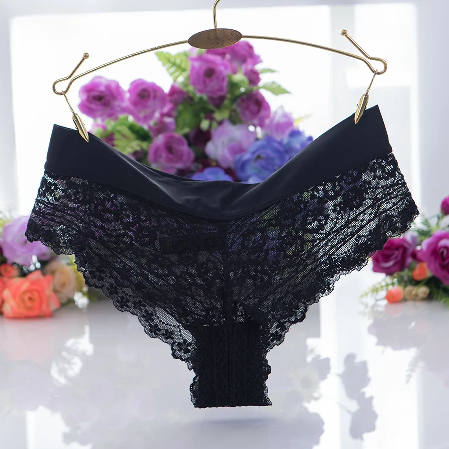 Women's Lace Transparent T-back Briefs Cotton Crotch - Black
