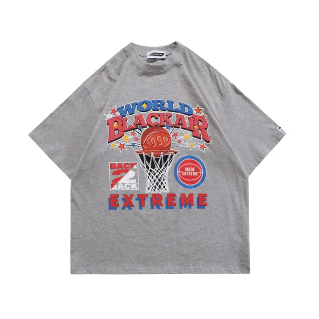 American Retro Street Culture Basketball Print Short Sleeve T Shirt Grey - Shop at LoveMi