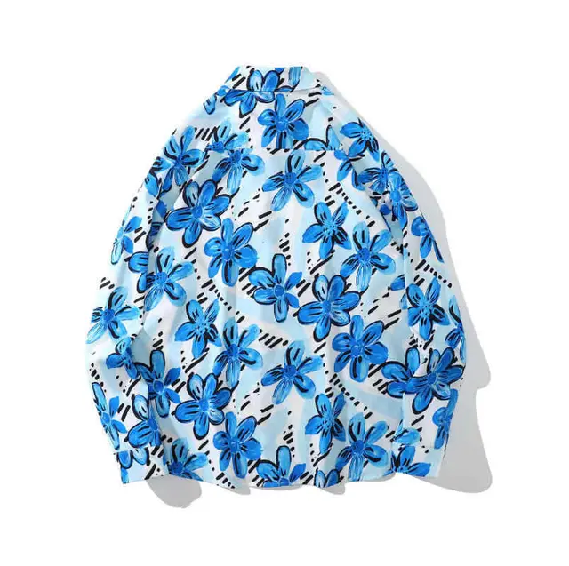 Women's Harajuku Style Full Print Floral Long Sleeve Shirt Blue - Shop at LoveMi
