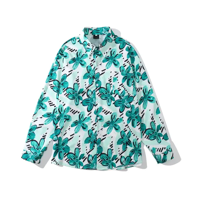 Women's Harajuku Style Full Print Floral Long Sleeve Shirt Green - Shop at LoveMi
