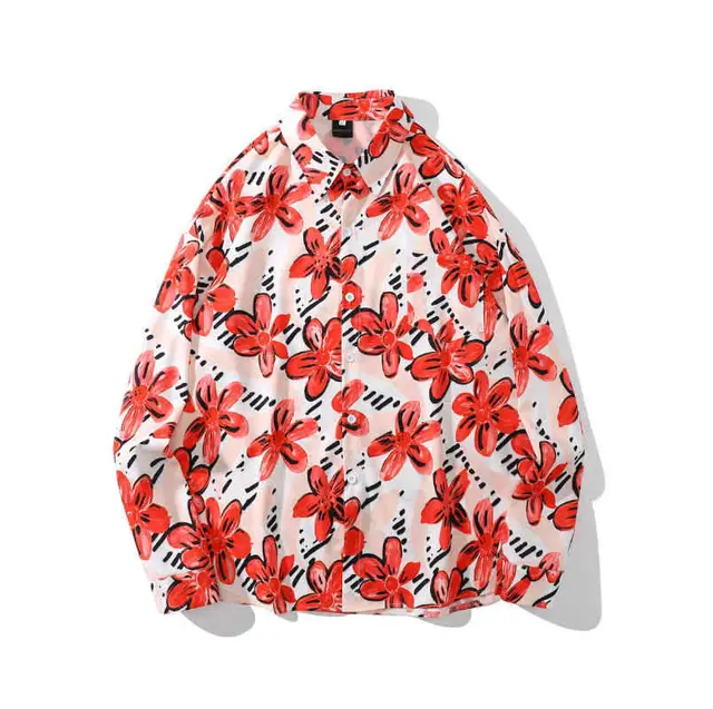 Women's Harajuku Style Full Print Floral Long Sleeve Shirt Red - Shop at LoveMi