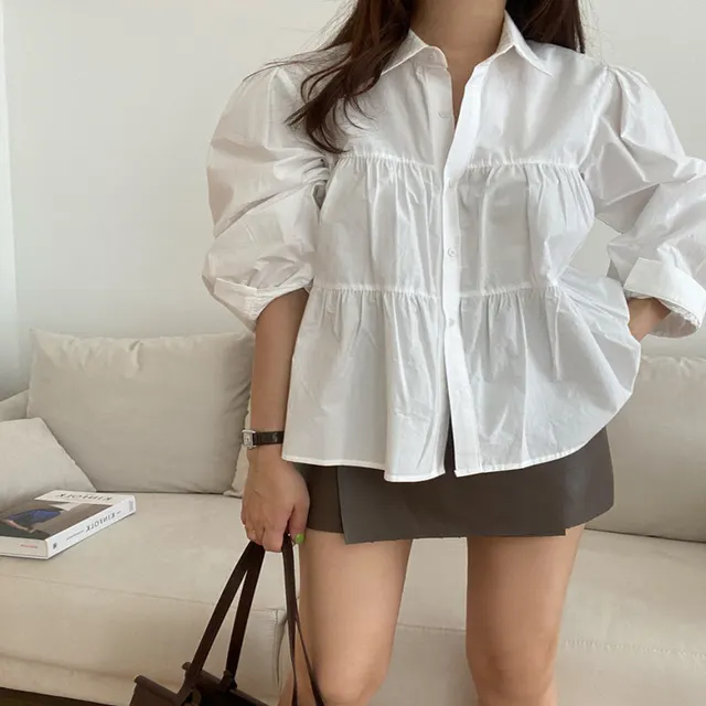Loose Pleated Stitching Versatile Lapel Puff sleeve Shirt White - Shop at LoveMi