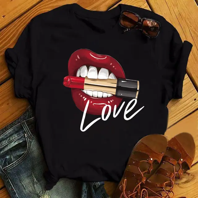 Poker Spades Sequin Lip Print Loose Short Sleeves 9947Black - Shop at LoveMi