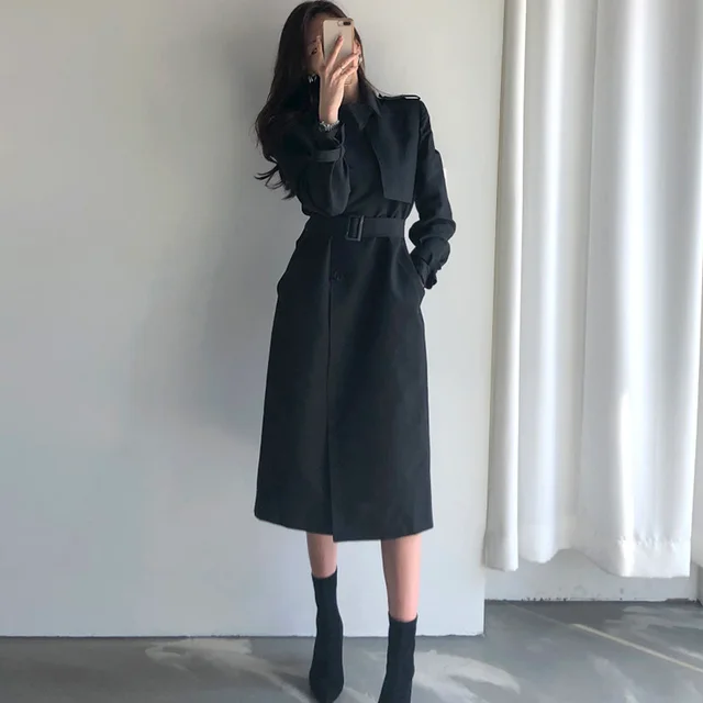 Lapel Double Breasted Nipped Waist Straight Over-the-Knee Mid-Length Trench Coat - Black
