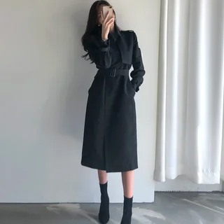 Lapel Double Breasted Nipped Waist Straight Over-the-Knee Mid-Length Trench Coat - Black