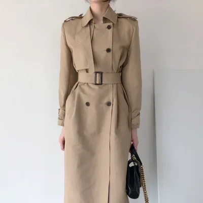 Lapel Double Breasted Nipped Waist Straight Over the Knee Mid Length Trench Coat Khaki - Shop at LoveMi