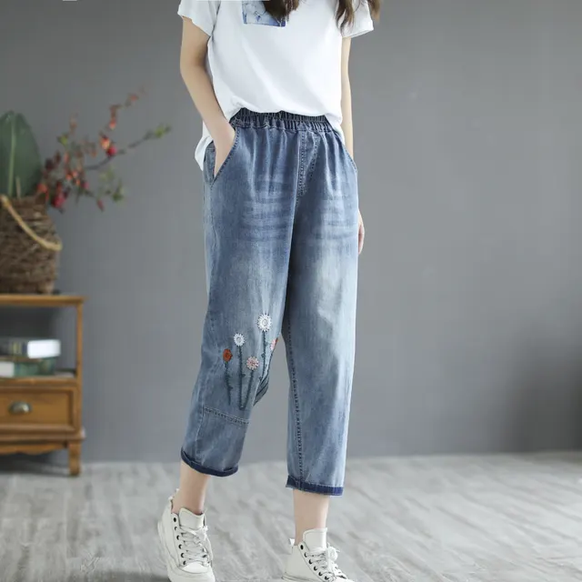 Women's Retro Literary Embroidery Jeans Blue - Shop at LoveMi