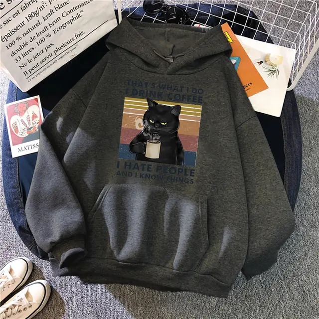 Women's Creative Versatile Printed Cat Hoodie Dark Grey - Shop at LoveMi