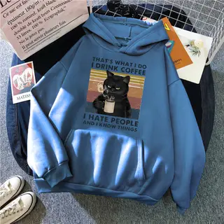 Women's Creative Versatile Printed Cat Hoodie - Navy Blue