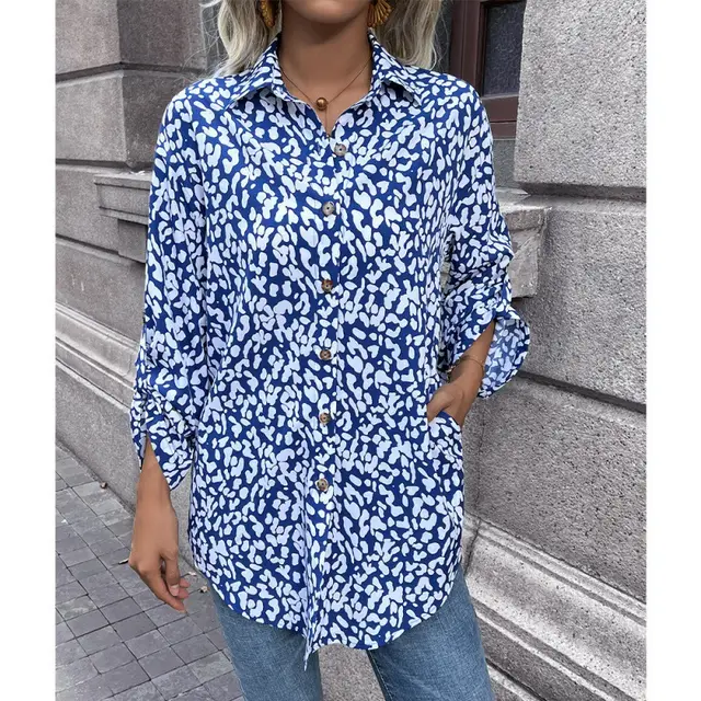 Women's Leopard Print Single Breasted Cardigan Shirt Blue - Shop at LoveMi