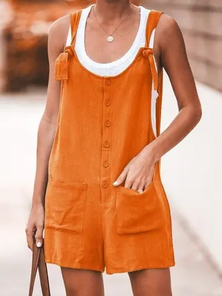 Women's Solid Color Patch Pocket Tie Cotton Linen Bib Pants - Orange