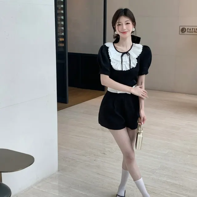 Women's Doll Collar Summer Puff Sleeve Slim Shirt Shorts - Shop at LoveMi