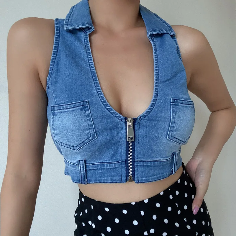Deep V Neck Vintage Distressed Pocket Zip Sleeveless Top Light Blue - Shop at LoveMi