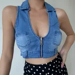 Deep V Neck Vintage Distressed Pocket Zip Sleeveless Top - Light Blue